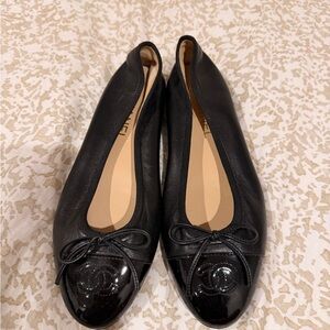 CHANEL Black Leather Loafers with Bow Detail